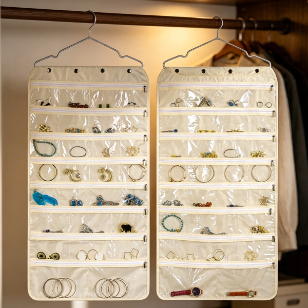 Beige 56-Pocket Zippered Double-Sided Jewellery Organiser