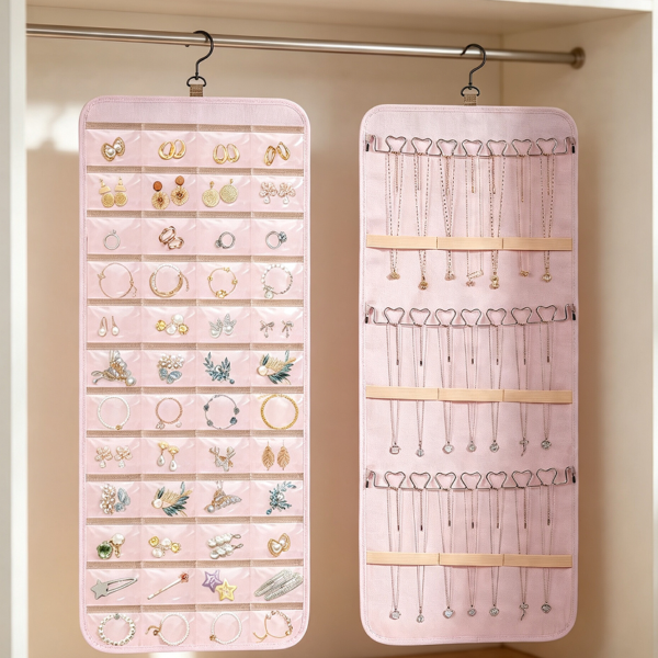 Pink 48-Pocket 21-Hook Oxford-Fabric Double-Sided Organiser