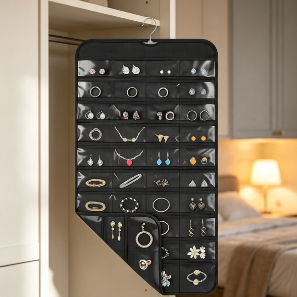 Hanging 80-Pocket Clear Travel Jewellery Organiser