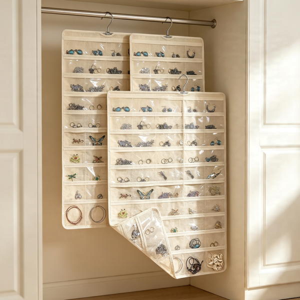 Beige 4-Pack 80-Pocket Double-Sided Jewellery Organiser