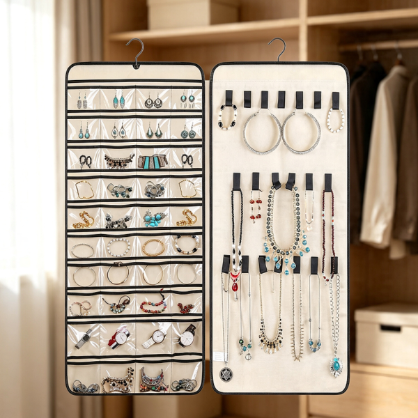 40-Pocket 20-Hook-Loop Swivel-Hook Hanging Jewellery Organiser
