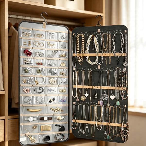 Black Metal-Hook Double-Sided Jewellery Wall Organiser