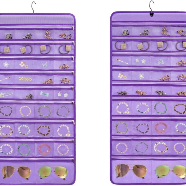 68-Pocket Zippered Travel Purple Hanging Jewellery Organiser
