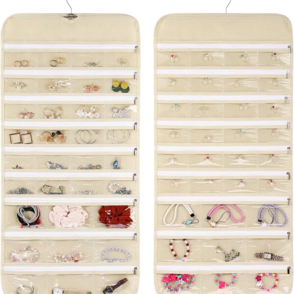 66-Pocket Zippered Double-Sided Beige Hanging Jewellery Organiser